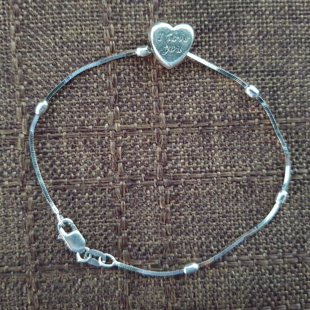 I LOVE YOU Vintage 925 Sterling Silver Heart Charm Bracelet